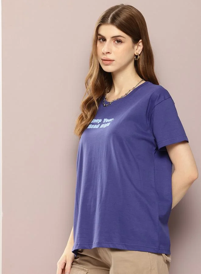 Dillinger Women Blue Boxy Fit Embossed Print T-Shirt